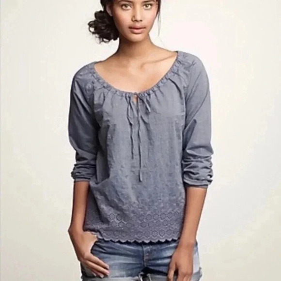 J. Crew | Smoke Blue Eyelet Cotton Bohemian Chambray Blouse Size 2 XS - Picture 1 of 3
